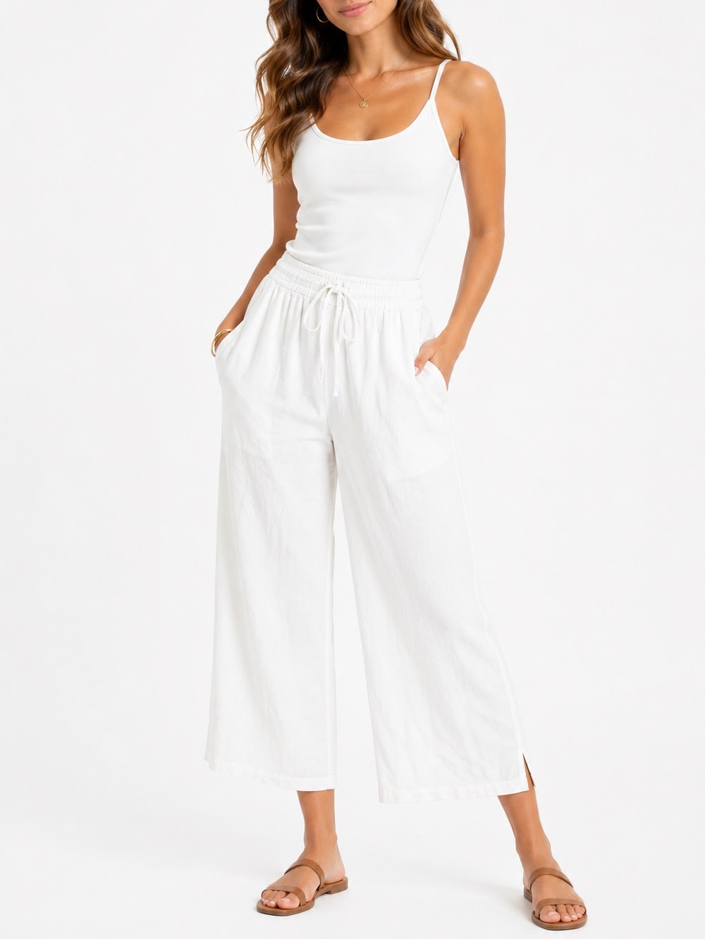 NWOT DKNY‎ Size Large Wide Leg Ankle Cropped White Drawstring Pants